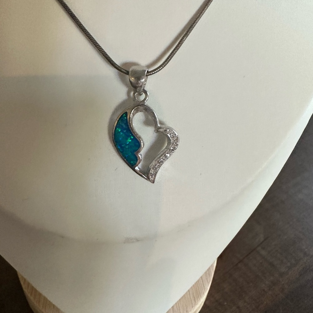 Fini Blue Opal & CZ Heart Pendant Necklace